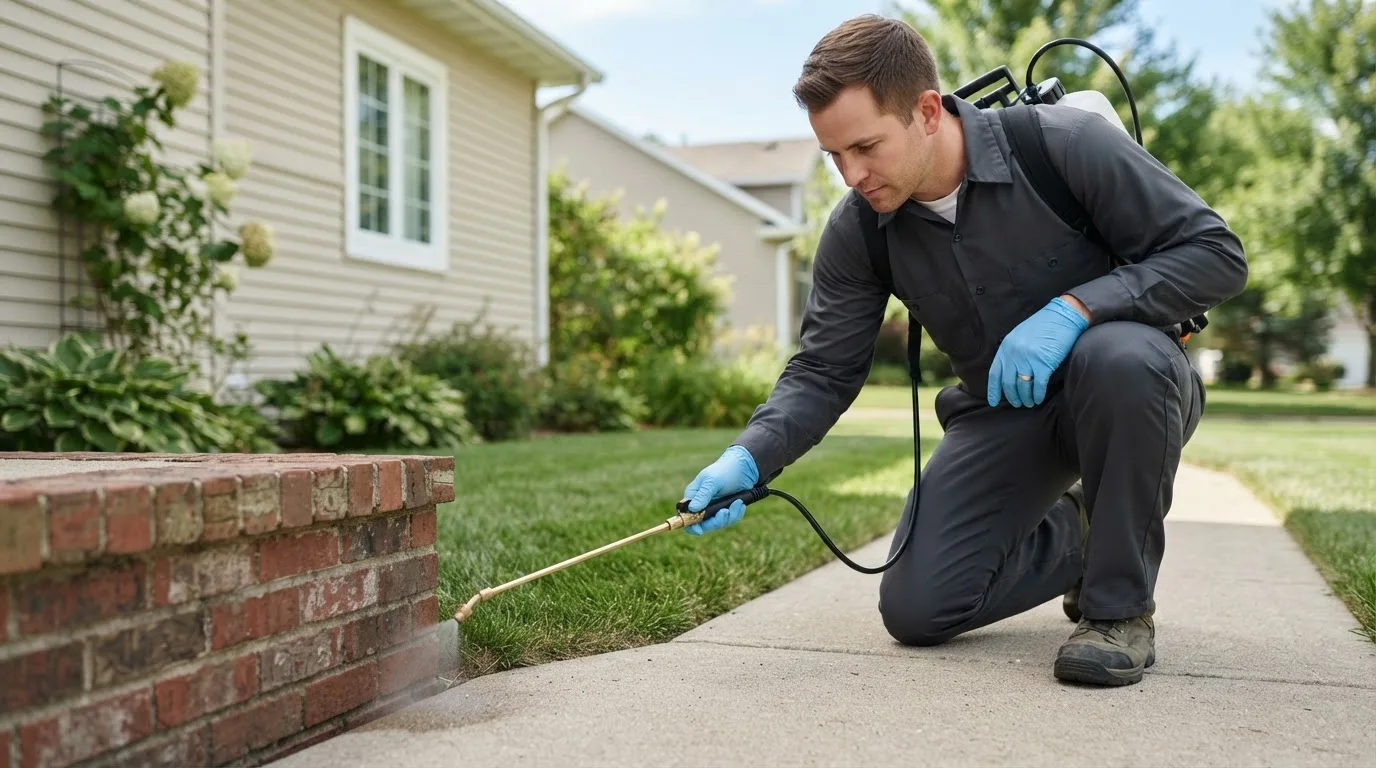 Pest control technician treating a home near Flowood, MS
