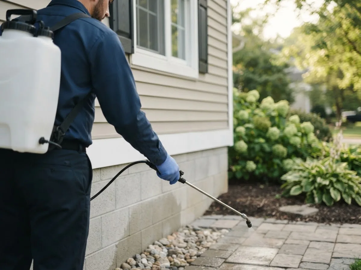 Pest control technician inspecting a home in Flowood, MS